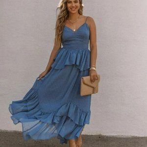 Remembered Always Swiss Dot Peplum Maxi, Blue